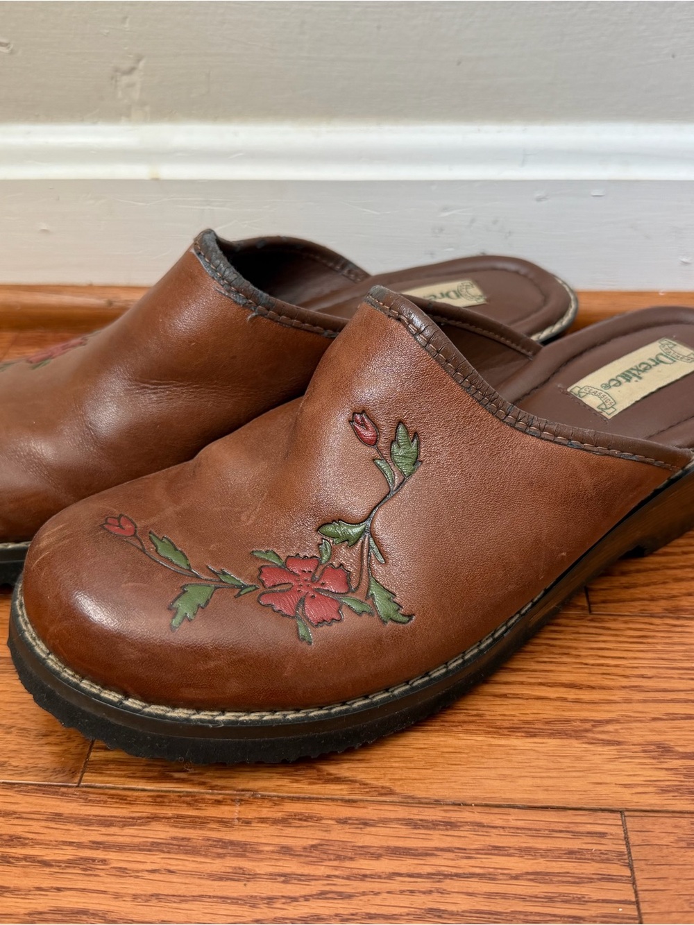 Vintage Drexlite Brown Leather Floral Clog - Brown